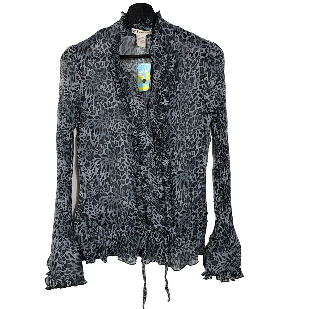 Forever21 Sheer Leopard Print Blouse Black Gray Buttons Ruffles Tie at Waist Y2K
